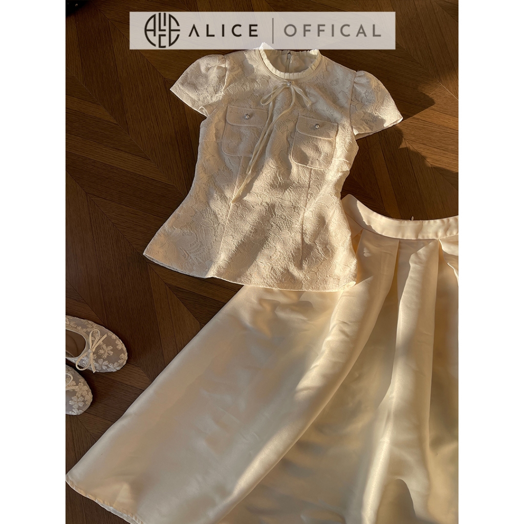 Set Bộ Nữ Sang Trọng Alice Áo Ren Ép Lưới Phối Tơ Kèm Chân Váy Tafta Dáng Xòe Cao Cấp T541