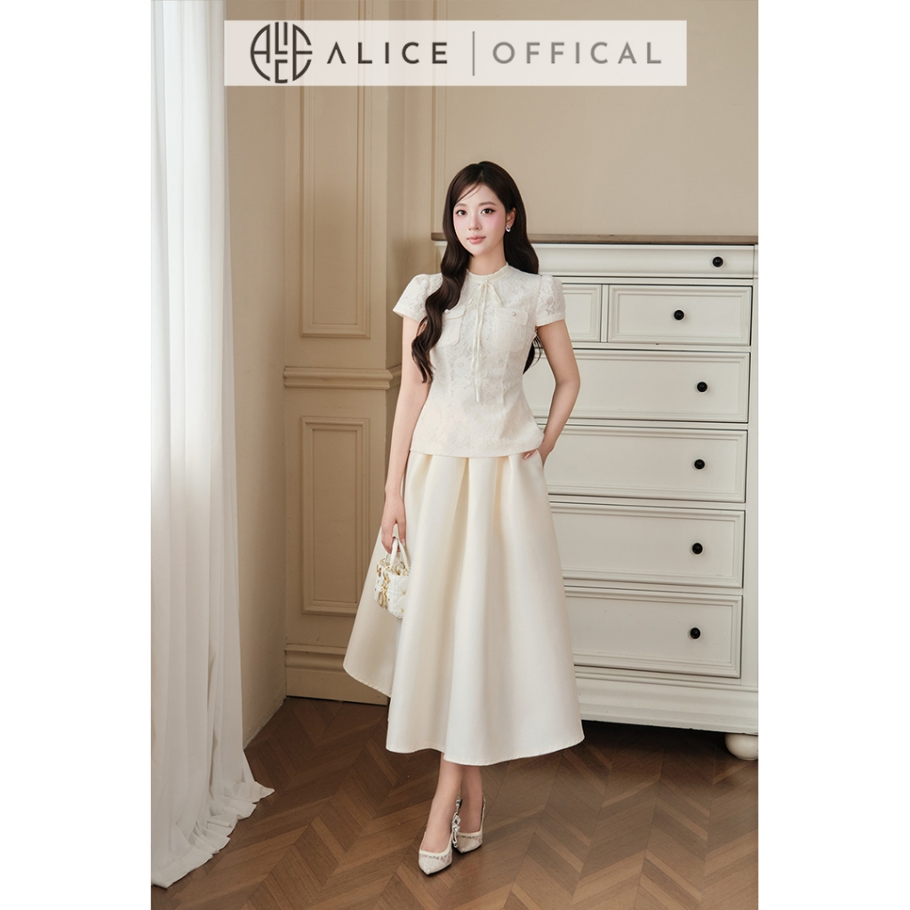 Set Bộ Nữ Sang Trọng Alice Áo Ren Ép Lưới Phối Tơ Kèm Chân Váy Tafta Dáng Xòe Cao Cấp T541