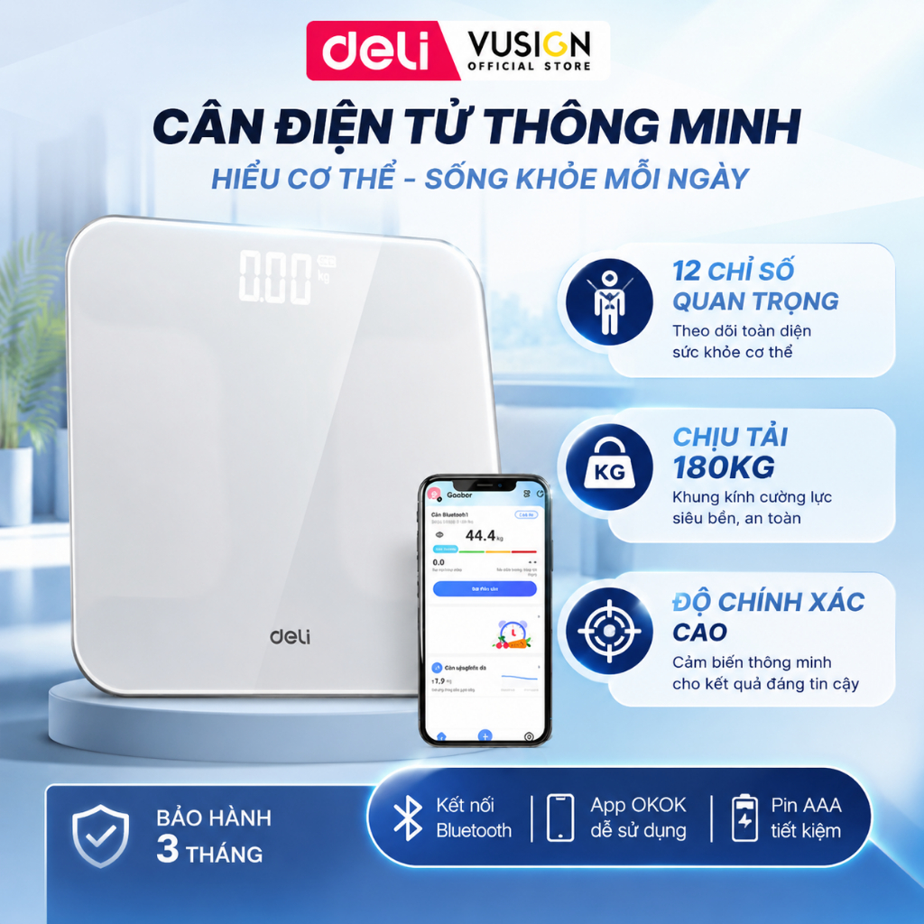 Cân Điện Tử Thông Minh Deli Theo Dõi Phân Tích Chỉ Số Cơ Thể Trọng Lượng Tối Đa 180kg Kết Nối Bluetooth App theo dõi