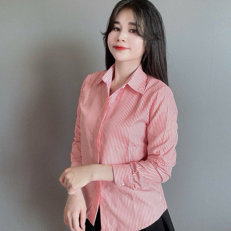 Áo sơ mi nữ KẺ DÀI TAY. from áo vừa. VẢI LỤA KATE MỀM