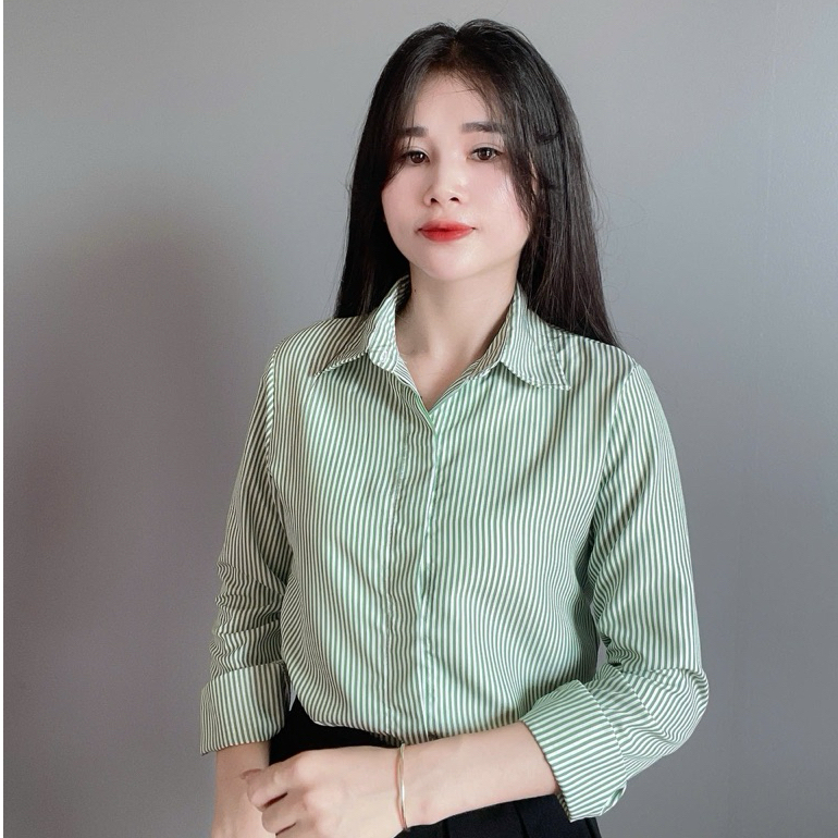 Áo sơ mi nữ KẺ DÀI TAY. from áo vừa. VẢI LỤA KATE MỀM