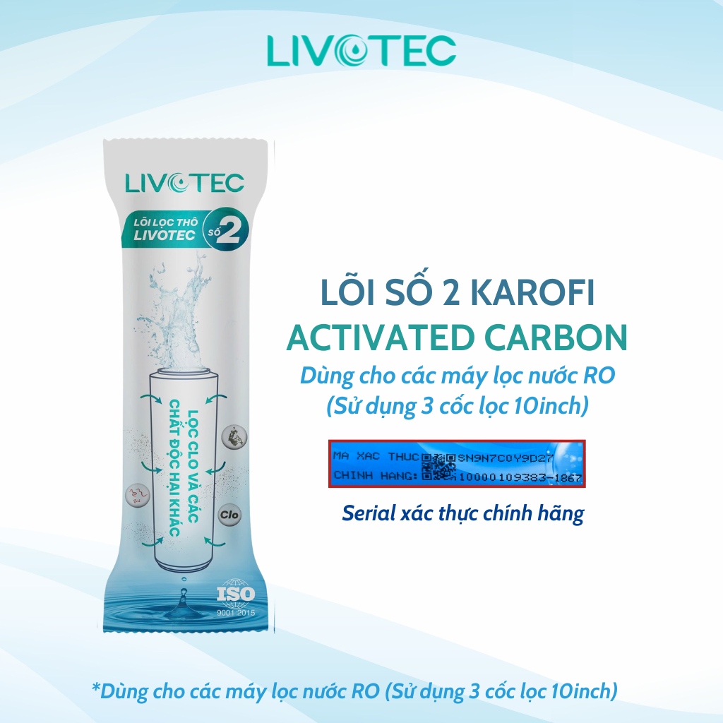 Lõi Lọc Nước Số 2 LIVOTEC KAROFI Actiaved Carbon Công Nghệ Vi Lọc Tiên Tiến Dùng Cho Máy Có 3 Cốc Lọc 10 inch