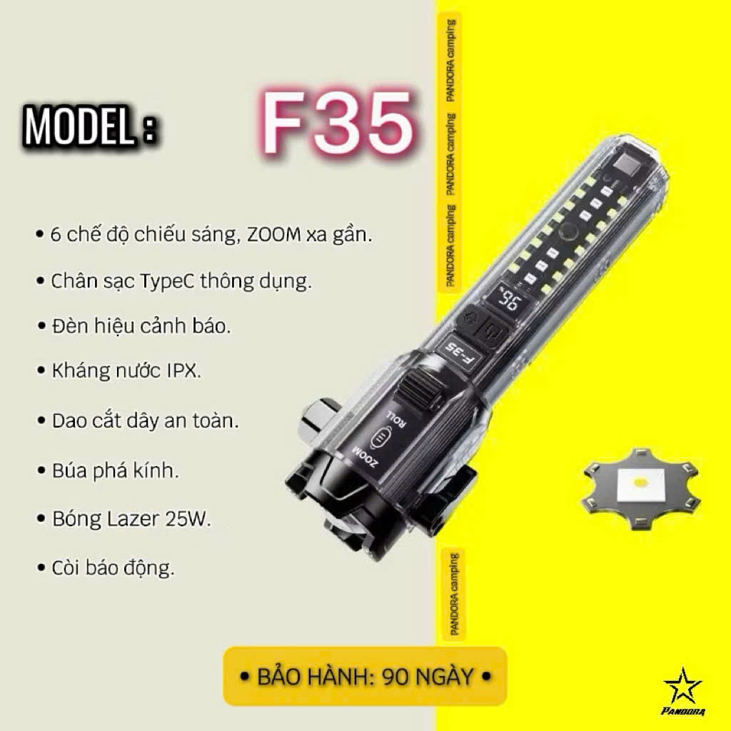 Đèn Pin F35 Led lazer siêu sáng - còi báo động - cắt dây an toàn - phá kính – sạc cho điện thoại bảo hành 12 tháng