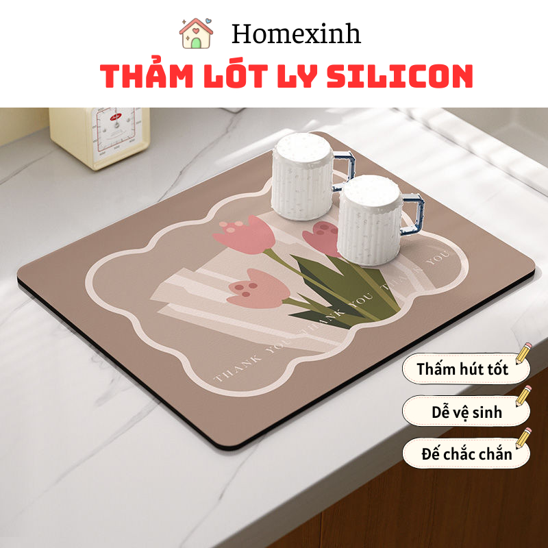 Thảm Lót Ly Silicon Thấm Hút Nước Cho Nhà Bếp, Thảm Trải Bàn Ăn Đế Cao Su Chống Trơn Trượt
