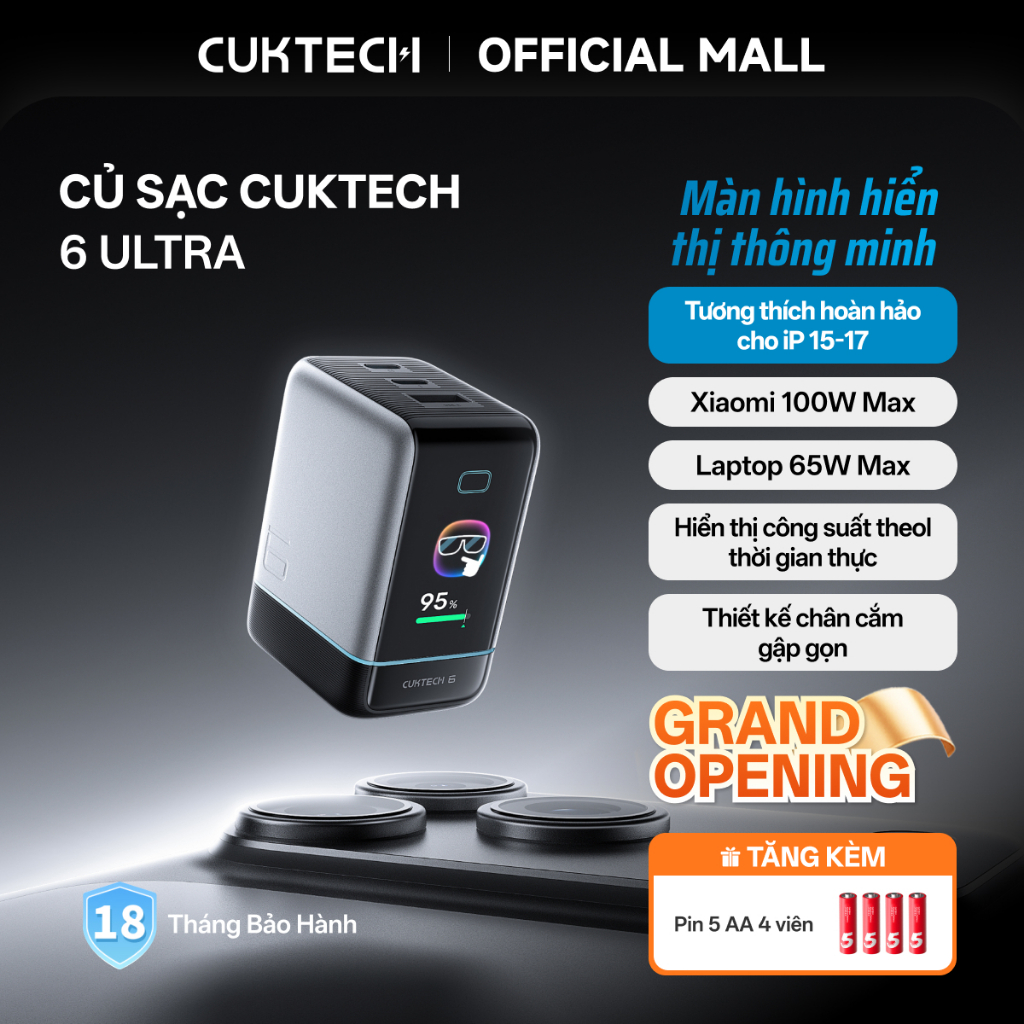 Củ Sạc Nhanh CUKTECH GaN 100W Màn Hình Hiển Thị 3 Cổng Type-C Sạc Laptop 65W Tương Thích iP 17 Pro Max/MacBook/Xiaomi