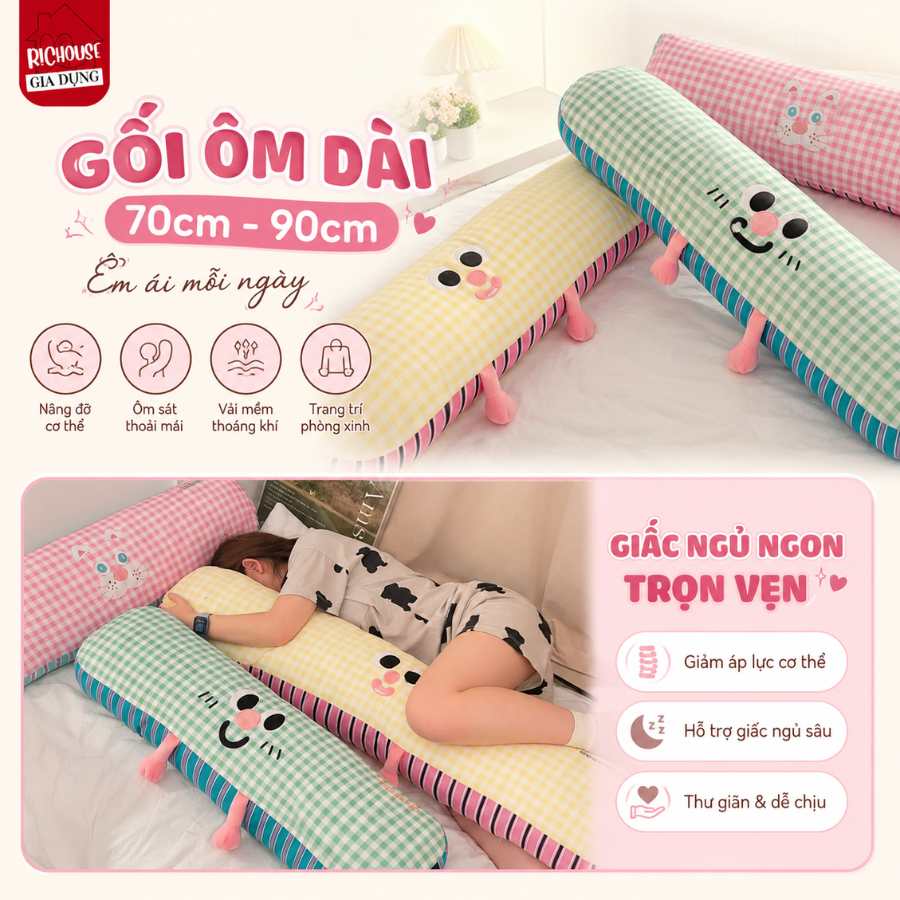 Gối Ôm Dài Hoạt Hình Dễ Thương, Vỏ Kẻ Caro Mềm Mịn, Gối Ôm Ngủ Trang Trí Giường Sofa