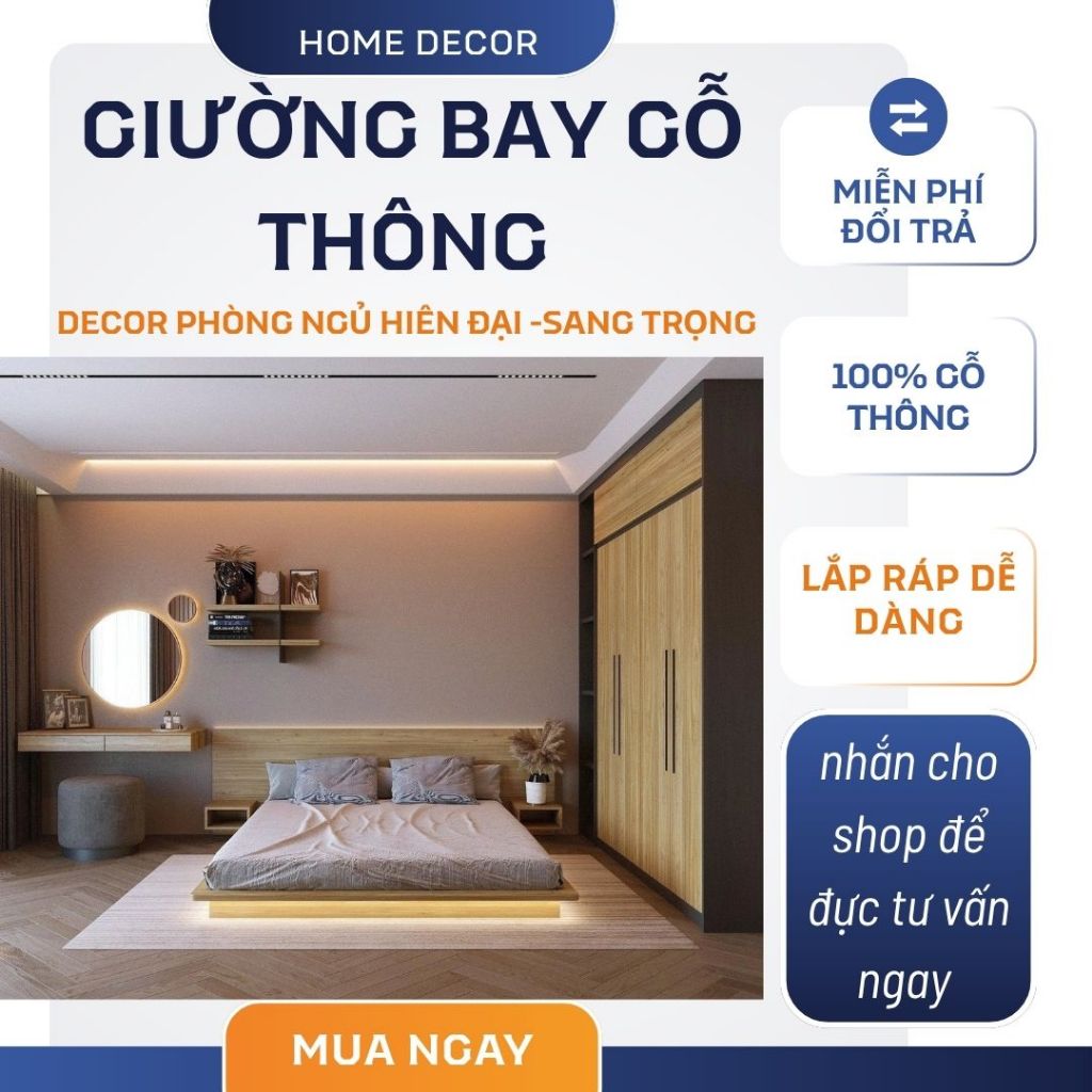 Giường Bay Gỗ Thông Gắn Đèn  LED – Giường Ngủ Lơ Lửng Kiểu Nhật Sang Trọng,  HOMDECOR