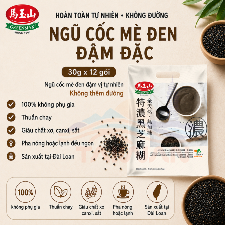 Ngũ cốc mè đen dinh dưỡng tự nhiên tốt cho sức khoẻ Greenmax Đài Loan 30g x 12gói/túi