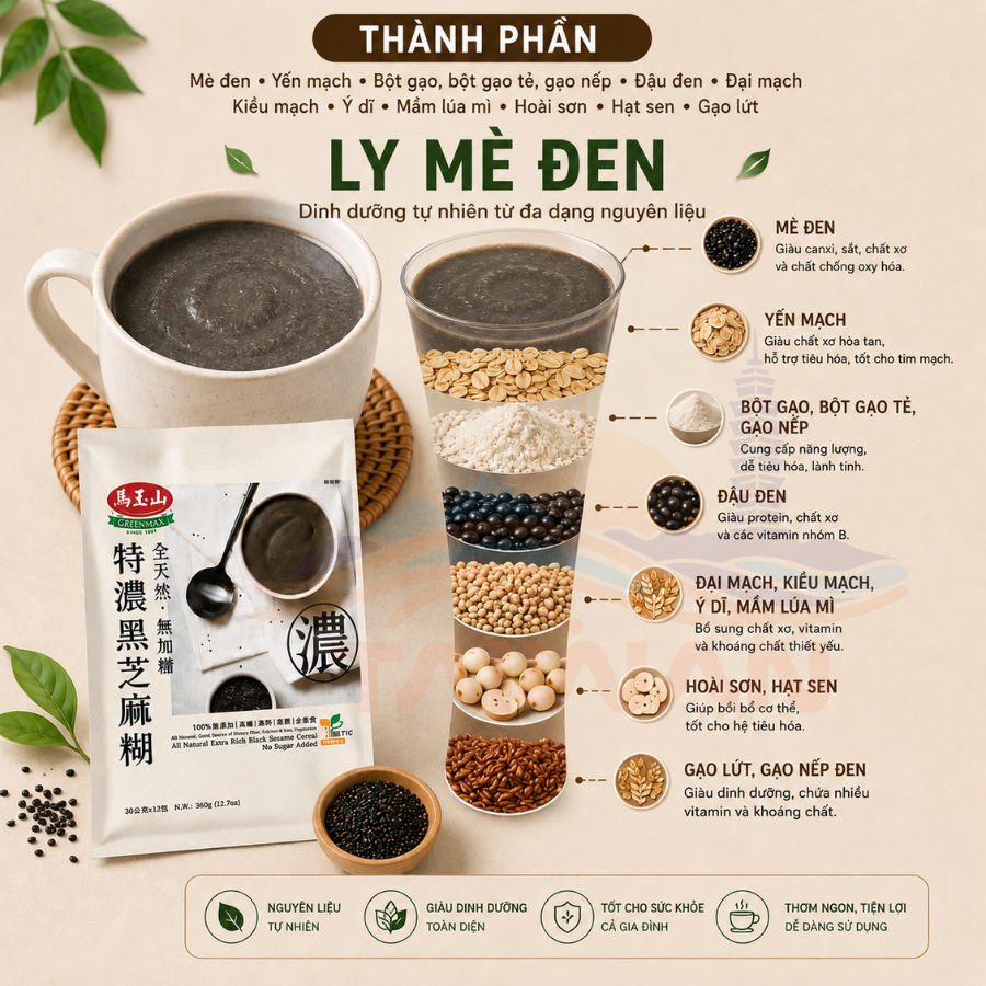 Ngũ cốc mè đen dinh dưỡng tự nhiên tốt cho sức khoẻ Greenmax Đài Loan 30g x 12gói/túi