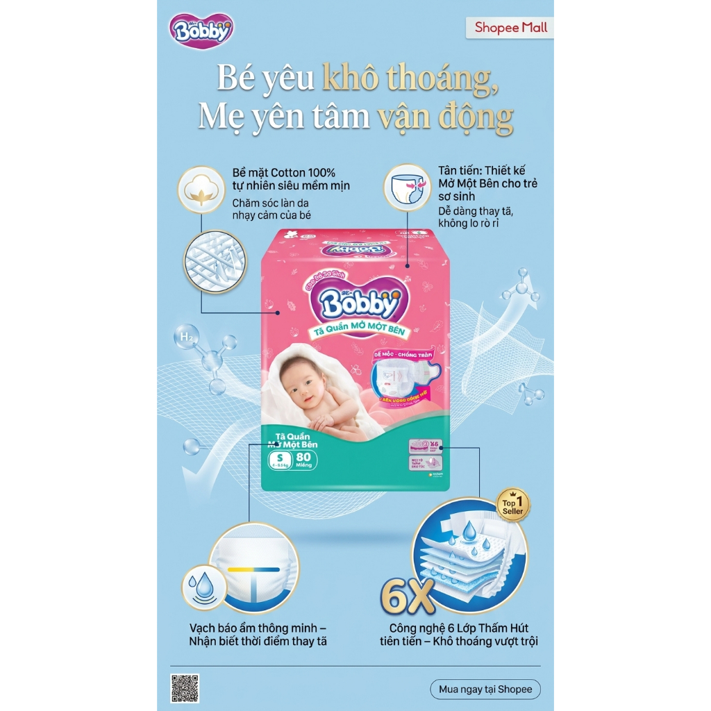 TÃ QUẦN MỞ MỘT BÊN BOBBY  S80 (4 - 8.5KG) - GÓI CỰC ĐẠI 80 MIẾNG