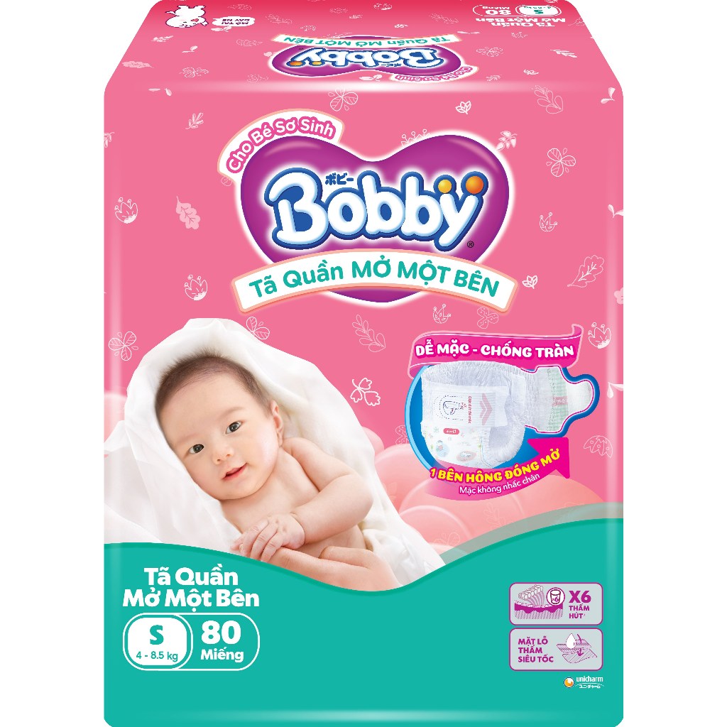 TÃ QUẦN MỞ MỘT BÊN BOBBY  S80 (4 - 8.5KG) - GÓI CỰC ĐẠI 80 MIẾNG