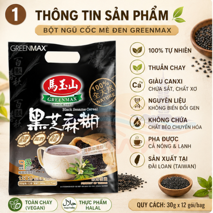 Ngũ cốc mè đen dinh dưỡng tự nhiên tốt cho sức khoẻ Greenmax Đài Loan 30g x 12gói/túi