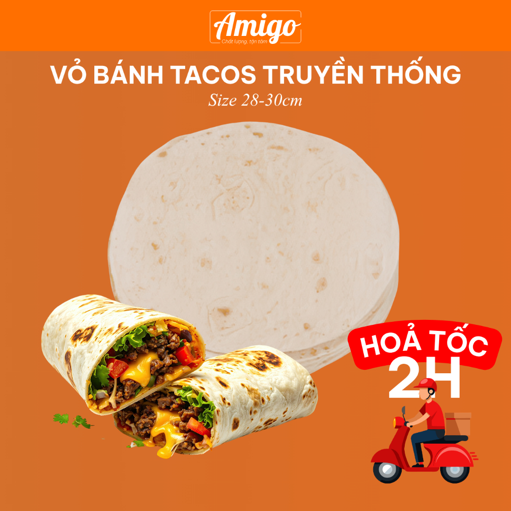 (Size 28 - 30cm) Vỏ Bánh Tacos/ Tortillas Truyền Thống Amigo - Mềm, Dẻo, Thơm, Có Túi Hút Chân Không