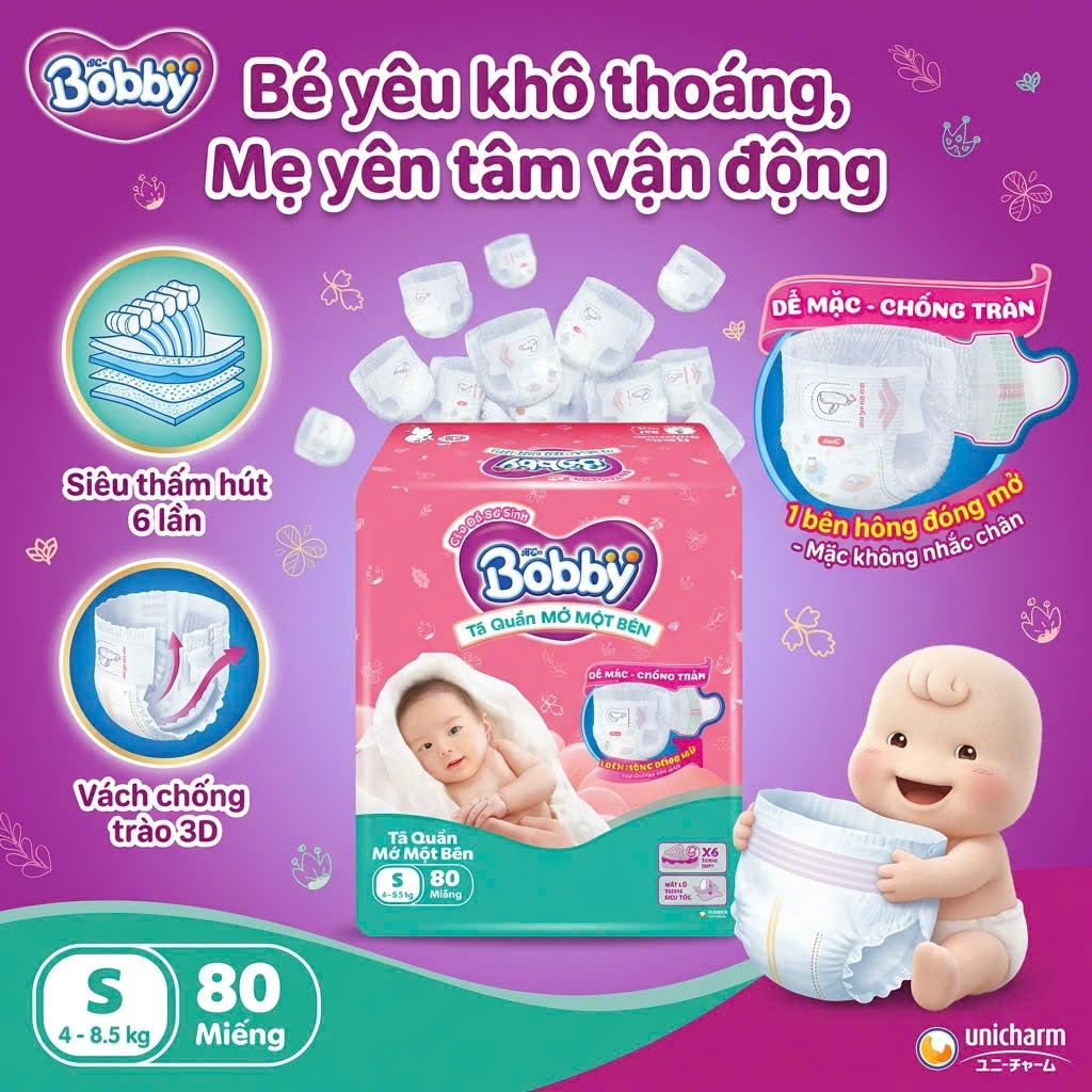TÃ QUẦN MỞ MỘT BÊN BOBBY  S80 (4 - 8.5KG) - GÓI CỰC ĐẠI 80 MIẾNG