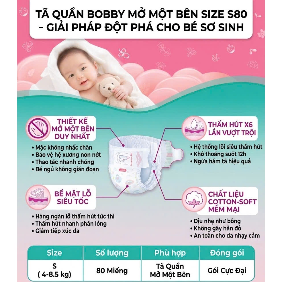 TÃ QUẦN MỞ MỘT BÊN BOBBY  S80 (4 - 8.5KG) - GÓI CỰC ĐẠI 80 MIẾNG
