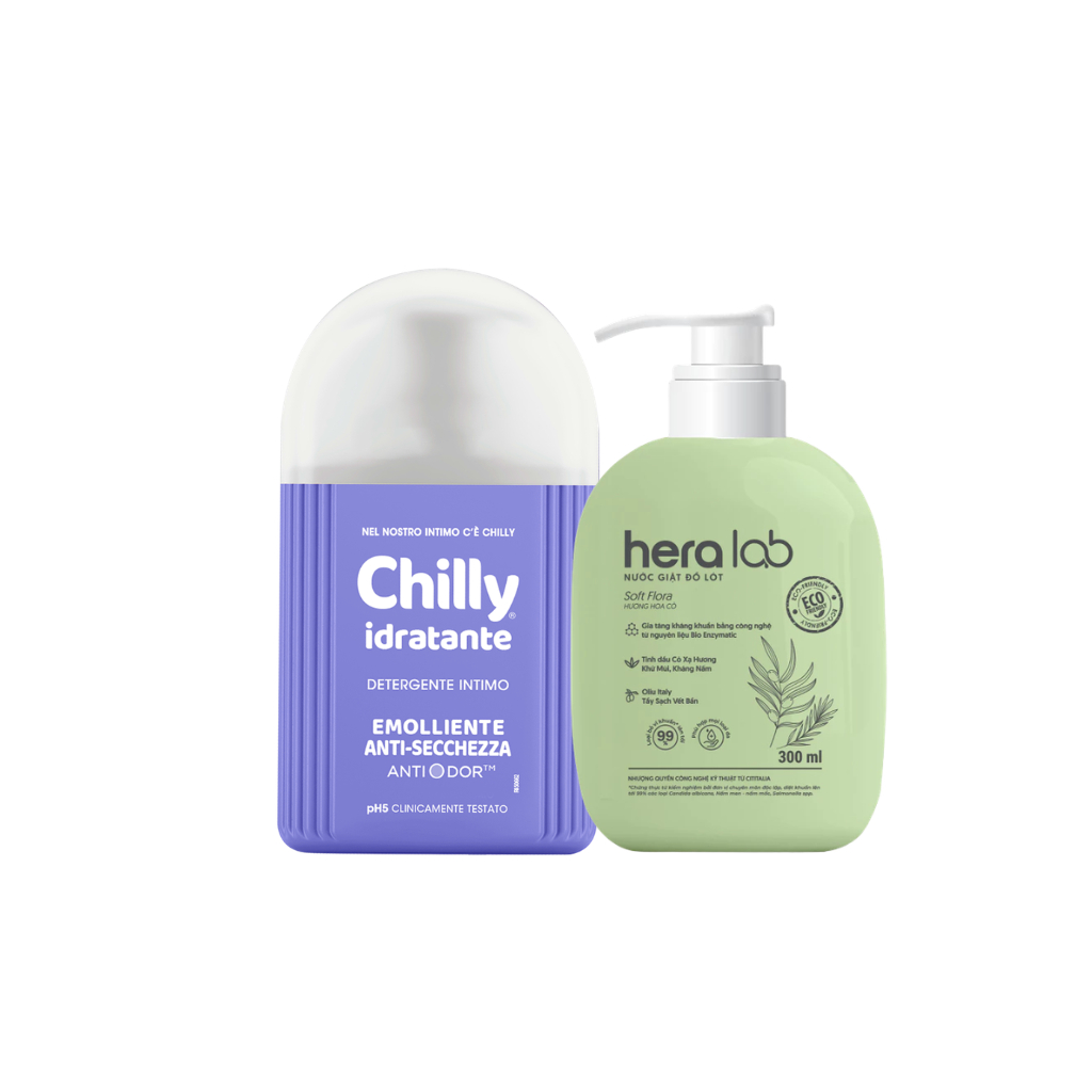 (EM MỀM) Combo dung dịch vệ sinh Chilly Idratante 200ml + Nước Giặt Đồ Lót HeraLab 300ml dưỡng ẩm sâu, mềm mịn trọn ngày