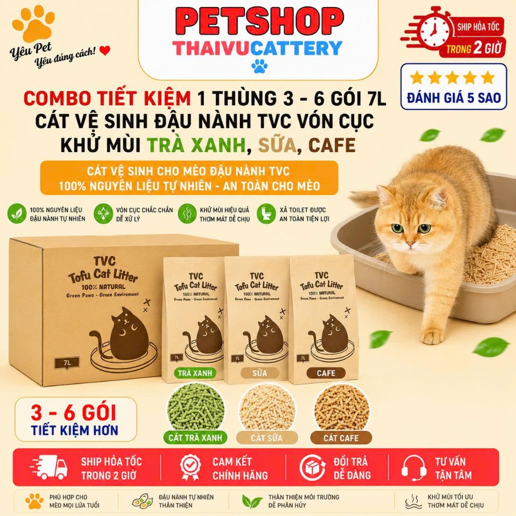 Combo tiết kiệm 1 Thùng 3 - 6 gói 7L cát vệ sinh đậu nành TVC vón cục  khử mùi trà xanh, sữa, cafe