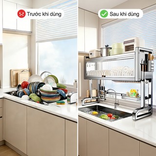 Gslife Kệ Bát Đĩa Inox Có Nắp Đậy 1/2 Tầng Trên Bồn Rửa - Đầy Đủ Ống Đũa, Khe Thớt, Giá Dao & Giỏ Đồ