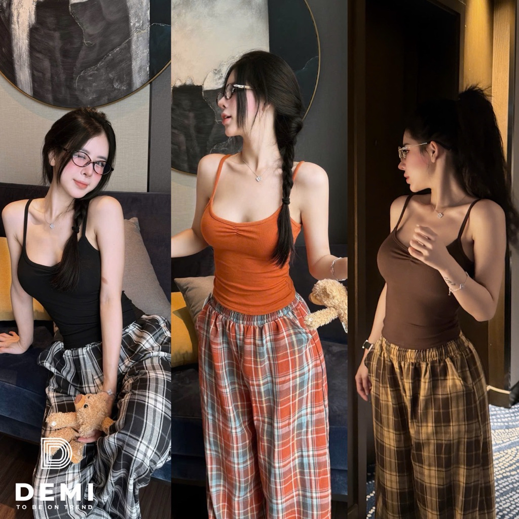 Set áo 2 dây zúm ngực mix quần kẻ hack dáng với tone màu nổi bật siu đỉnh 🔥