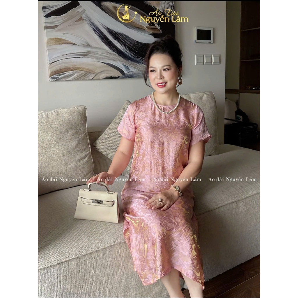 Váy Xuông Trung Niên Cộc Tay Nữ Tơ Hoa Hồng Ánh Kim Tencel Sang Trọng Đi Tiệc Đám Cưới Che Eo, Váy Đi Biển, Đi Chơi