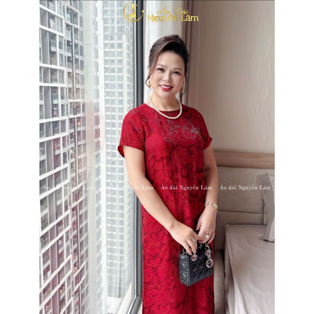 Váy Xuông Trung Niên Cộc Tay Nữ Tơ Hoa Hồng Ánh Kim Tencel Sang Trọng Đi Tiệc Đám Cưới Che Eo, Váy Đi Biển, Đi Chơi