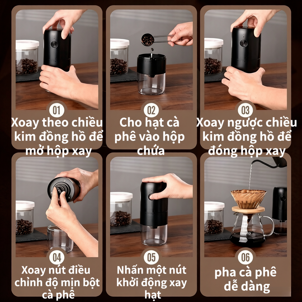 Máy xay cà phê điện không dây,điều chỉnh độ thô/mịn, dễ vệ sinh,sạc Type-C, dễ vệ sinh, đi kèm bàn chải