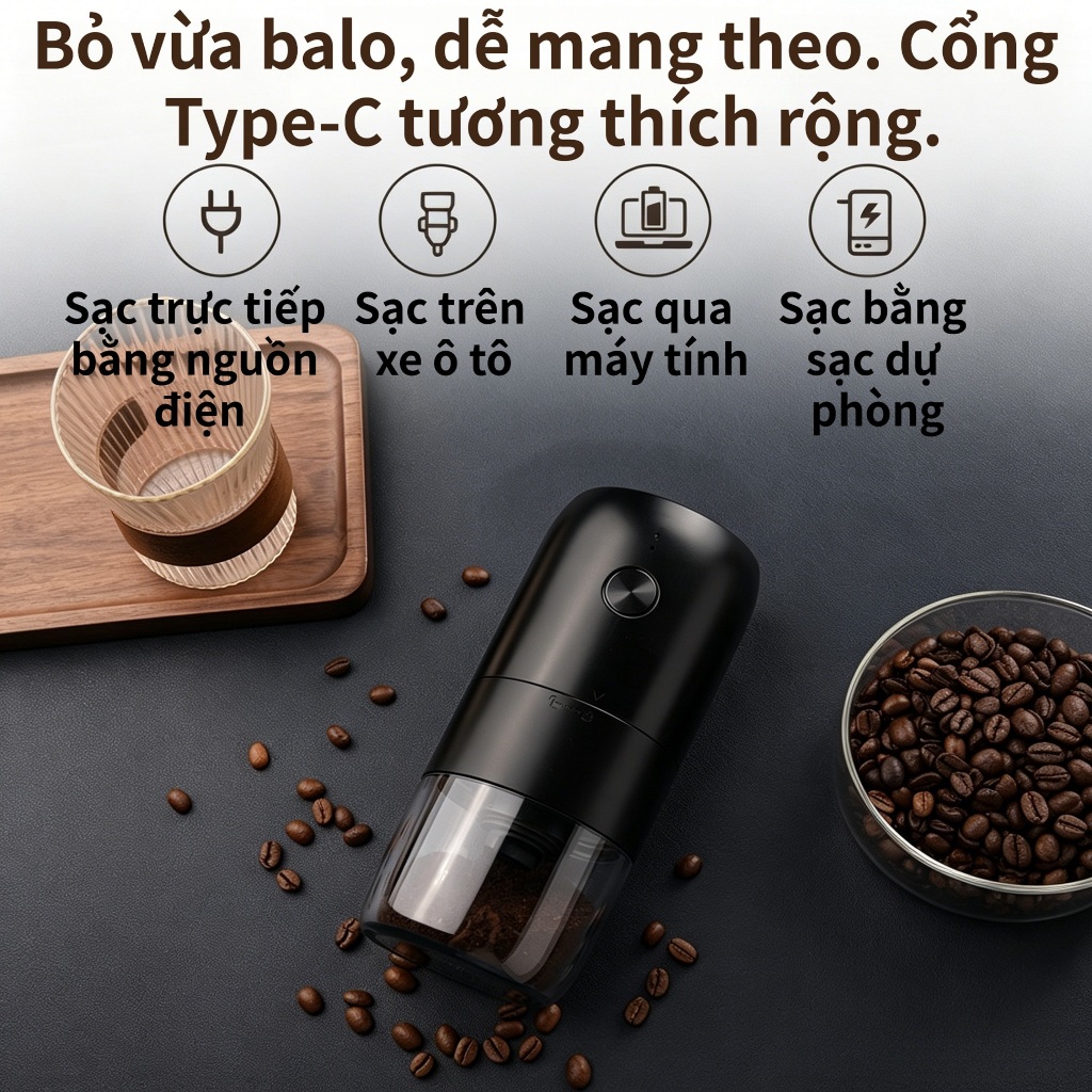 Máy xay cà phê điện không dây,điều chỉnh độ thô/mịn, dễ vệ sinh,sạc Type-C, dễ vệ sinh, đi kèm bàn chải