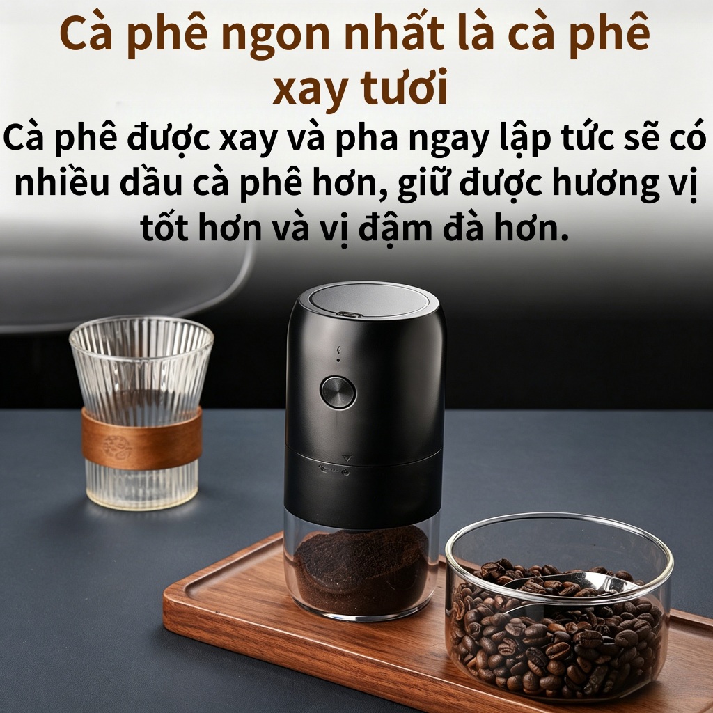 Máy xay cà phê điện không dây,điều chỉnh độ thô/mịn, dễ vệ sinh,sạc Type-C, dễ vệ sinh, đi kèm bàn chải