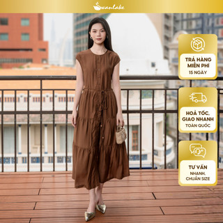 SWANLAKE | Váy Đầm Nữ Maxi Đuôi Cá Xếp Tầng Trơn Tơ Cotton Sát Nách Cài Nút Tiệc Dây Thắt Eo D12971