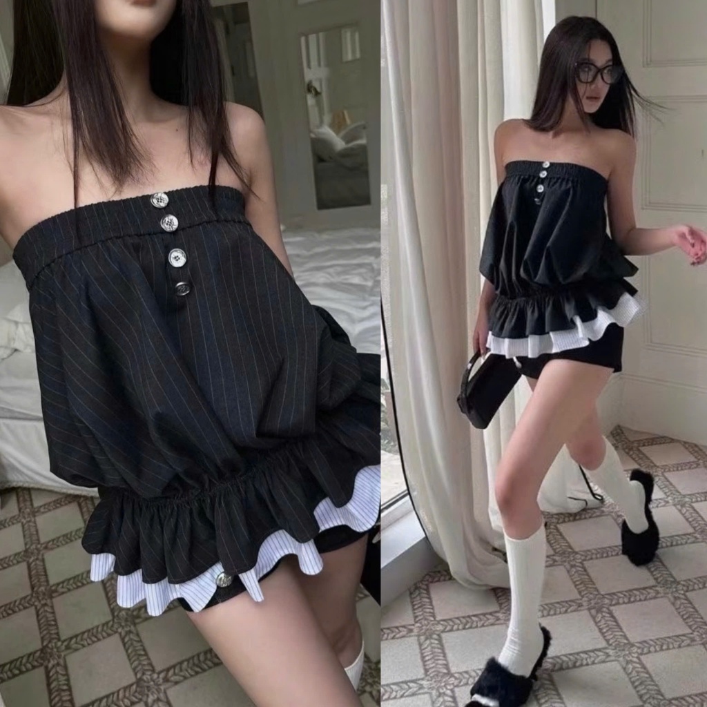 (sẵn S)Áo quây màu đen kẻ sọc dáng bubble bèo xoè layer kết hợp 3 khuy tiểu thư AQ019 - Tiktik