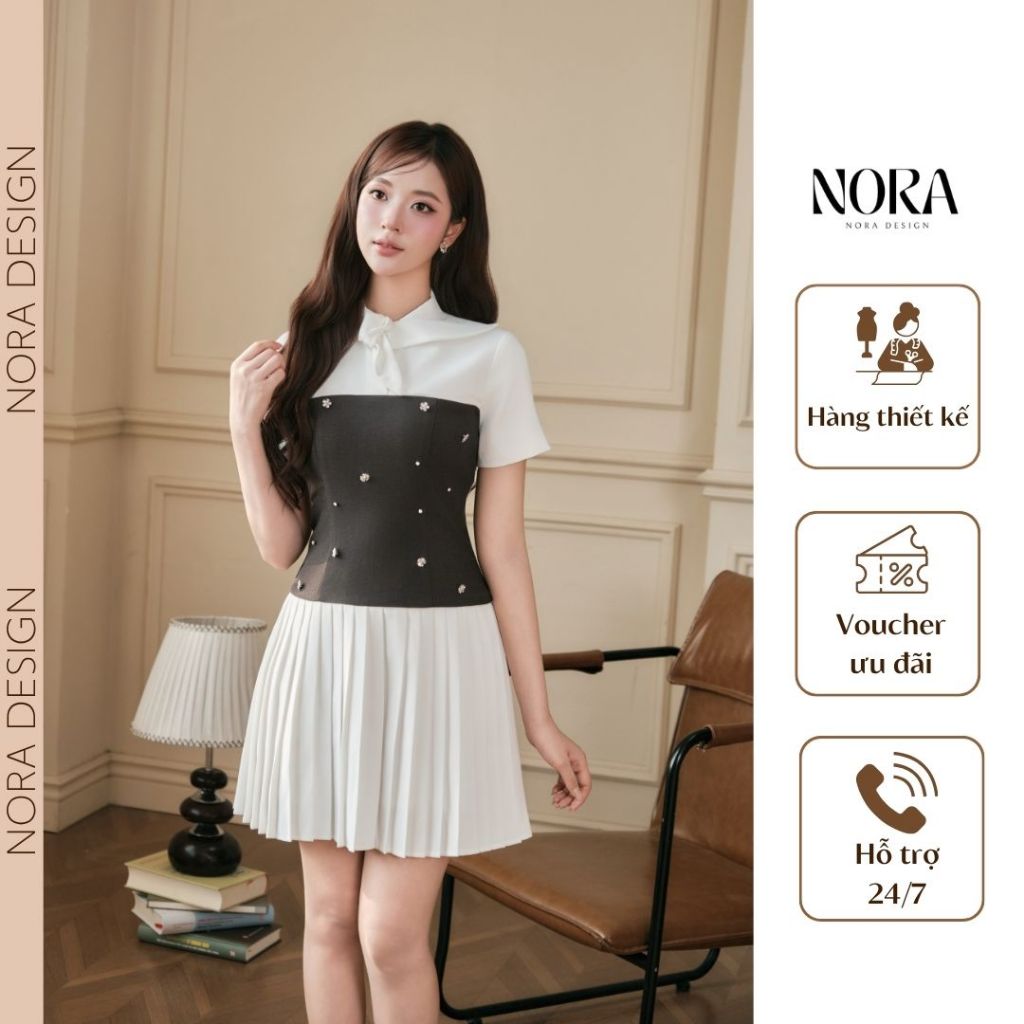Đầm Công Sở Trẻ Trung NORA, Thiết Kế Phối Màu Đính Đá, Xếp Ly Cổ Đức Thắt Nơ Thanh Lịch T538