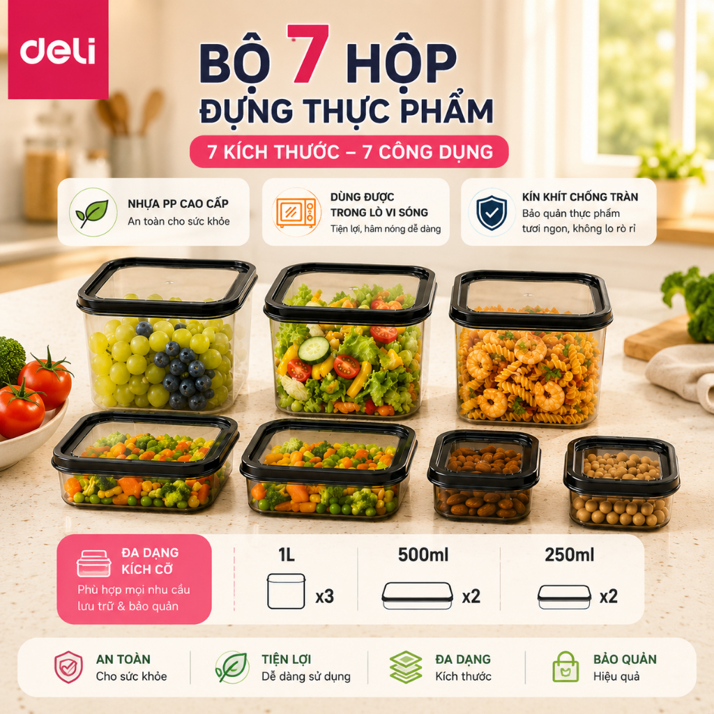 [COMBO 30 HỘP] Bộ hộp 15 chi tiết hộp đựng thực phẩm DELIxVUSIGN đủ size từ 250 - 1500ml dùng cho lò vi sóng