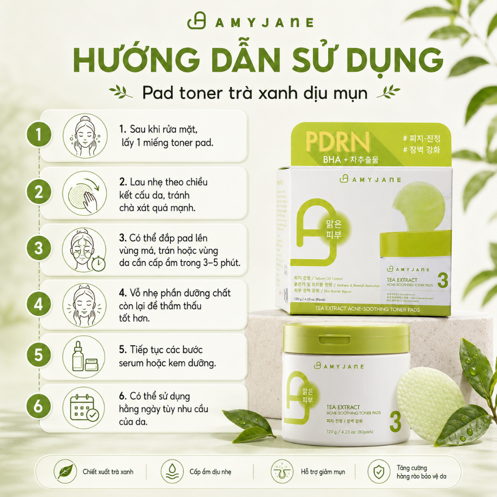 AMYJANE Tone Pad Trà Xanh Miếng Lau Toner Cấp Ẩm Nhiều Nước Làm Dịu Da Dầu Mụn 10/80 Miếng