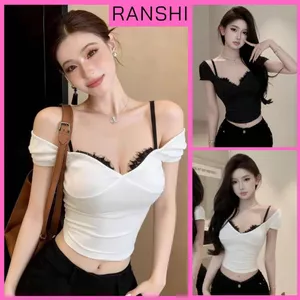 Áo Thun Nữ Ngắn Tay Phối Ren Phong Cách Y2K RANSHI Vải Cotton Mịn Mát Ôm Body Quyến Rũ - RA369