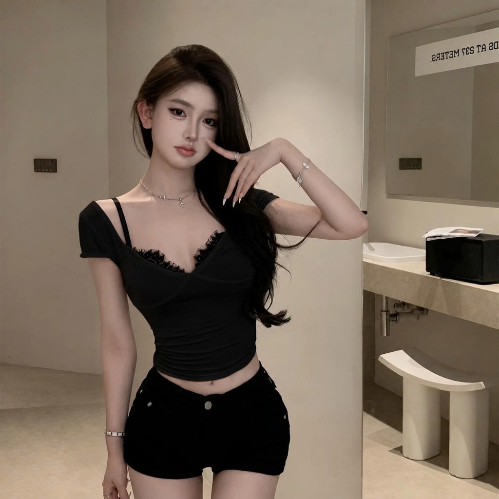 (CÓ SIZE) Áo Thun Nữ Ngắn Tay Phối Ren Phong Cách Y2K RANSHI Vải Cotton Mịn Mát Ôm Body Quyến Rũ - RA369