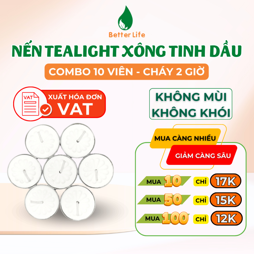 Nến tealight trắng cháy 2 giờ Combo 10 viên dùng trang trí, đốt đèn xông tinh dầu không mùi không khói cháy