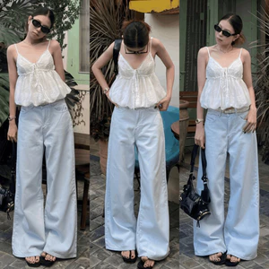 Quần Jean Nữ Xanh Trắng Dáng Suông Ống Rộng 33CM Lưng Cao Quần Jean Denim Unisex Ôm Eo Tôn Dáng MIAA