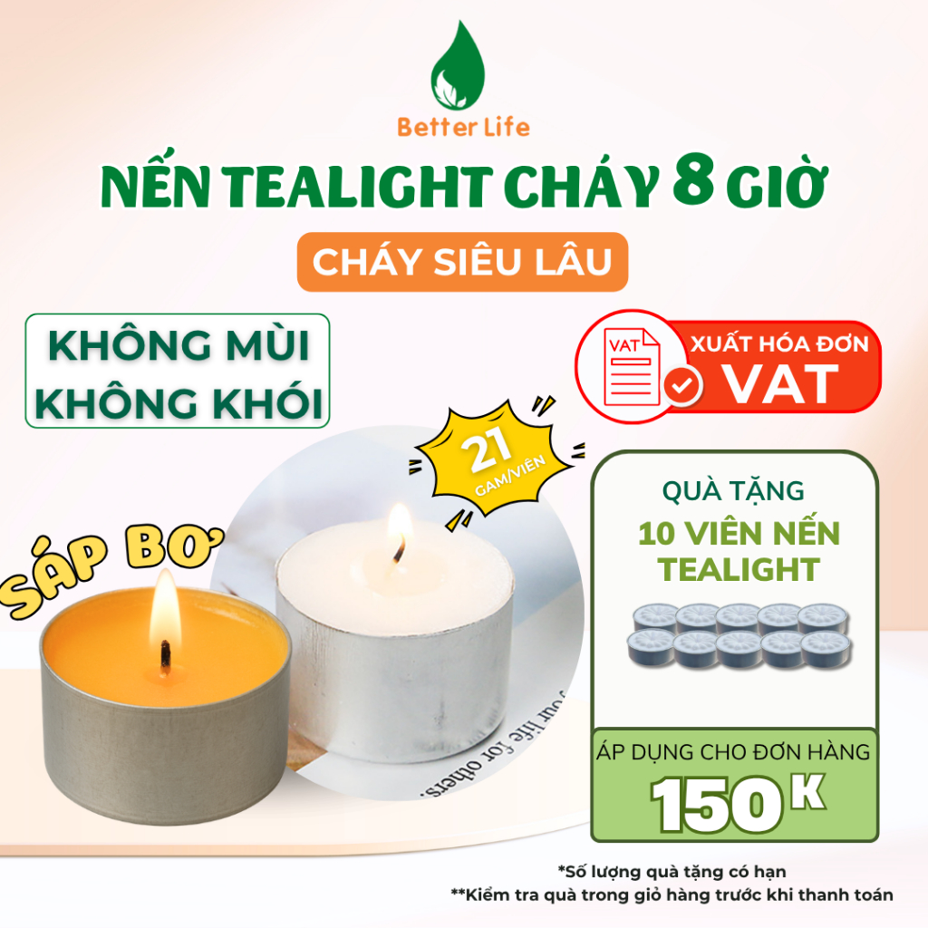 Nến bơ màu vàng cháy lâu liên tục 8 giờ, nến tealight trắng đốt trái thơm, xông tinh dầu, thảo mộc