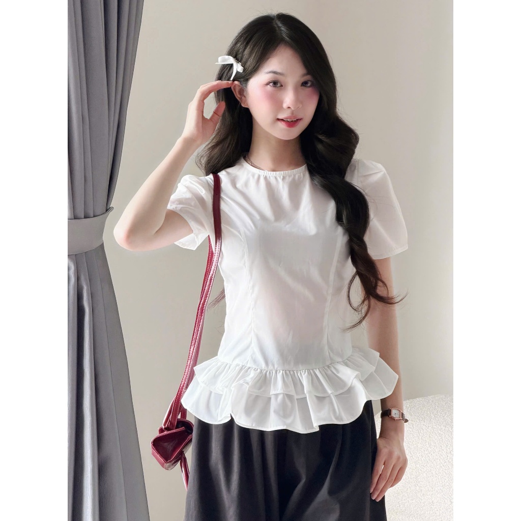 Áo kiểu thô cổ tròn phối tùng gấu Miha Studio