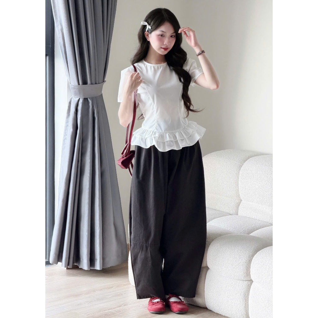 Áo kiểu thô cổ tròn phối tùng gấu Miha Studio