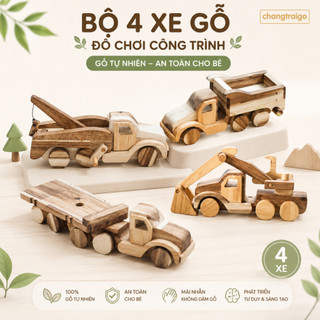 Bộ 4 Xe Gỗ Đồ Chơi Công Trình Giúp Bé Khám Phá Tư Duy, Chất liệu Gỗ tự nhiên đồ chơi Chàng Trai Gỗ