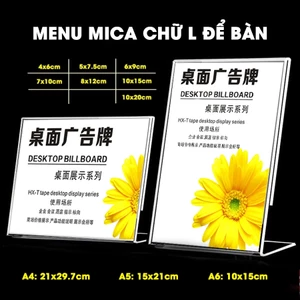 Combo 2 Bảng mica L để bàn, Bảng mica trong suốt nhiều kích thước A4, A5, A6, Bảng mica để thông tin