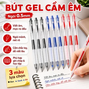 Bút bi gel trong suốt, nút bấm, giá cả phải chăng, ngòi 0.5mm, tay cầm mềm mại giúp tránh mỏi tay, viết trơn tru, phù hợ