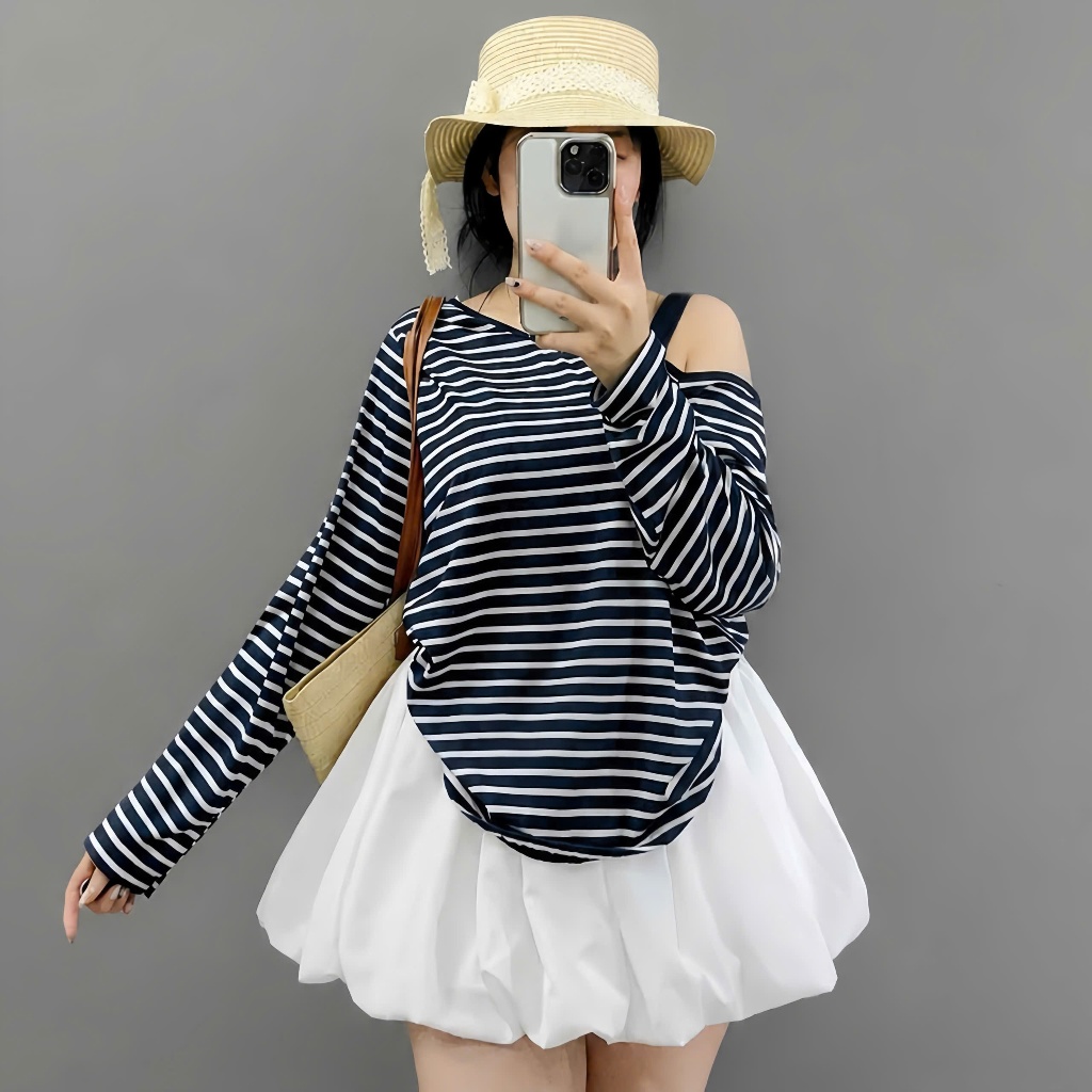 Set Áo Váy Bigsize CÔ NHỎ Áo Trễ Vai Form Rộng Kẻ Sọc Tay Dài Kèm Chân Váy Bí Dễ Thương A319+CV413