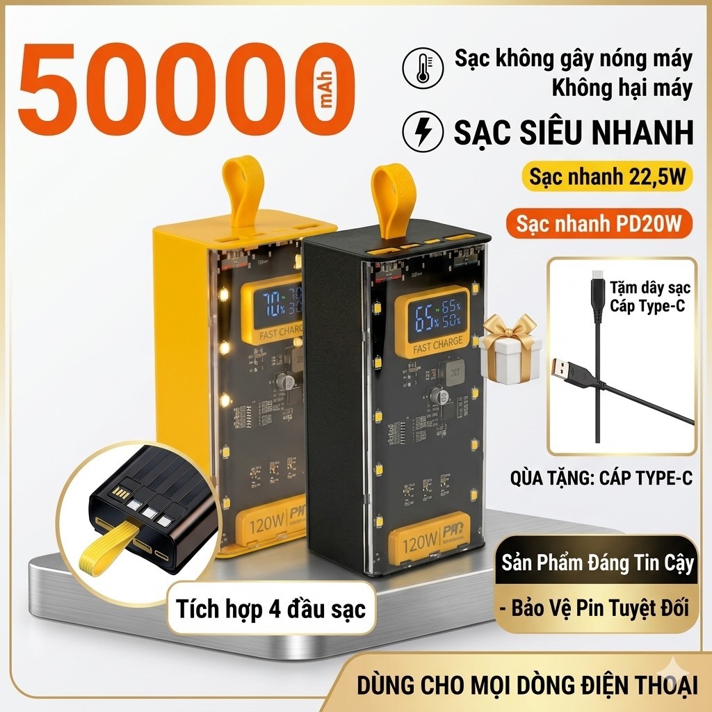 Pin dự phòng 50000mAh sạc nhanh 22.5W trong suốt kèm 4 dây sạc tiện lợi đèn LED chiếu sáng