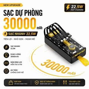 Sạc dự phòng 30000mAh trong suốt với cổng sạc nhanh 22,5W PD 20W kèm 4 đầu cáp sạc màn hình led