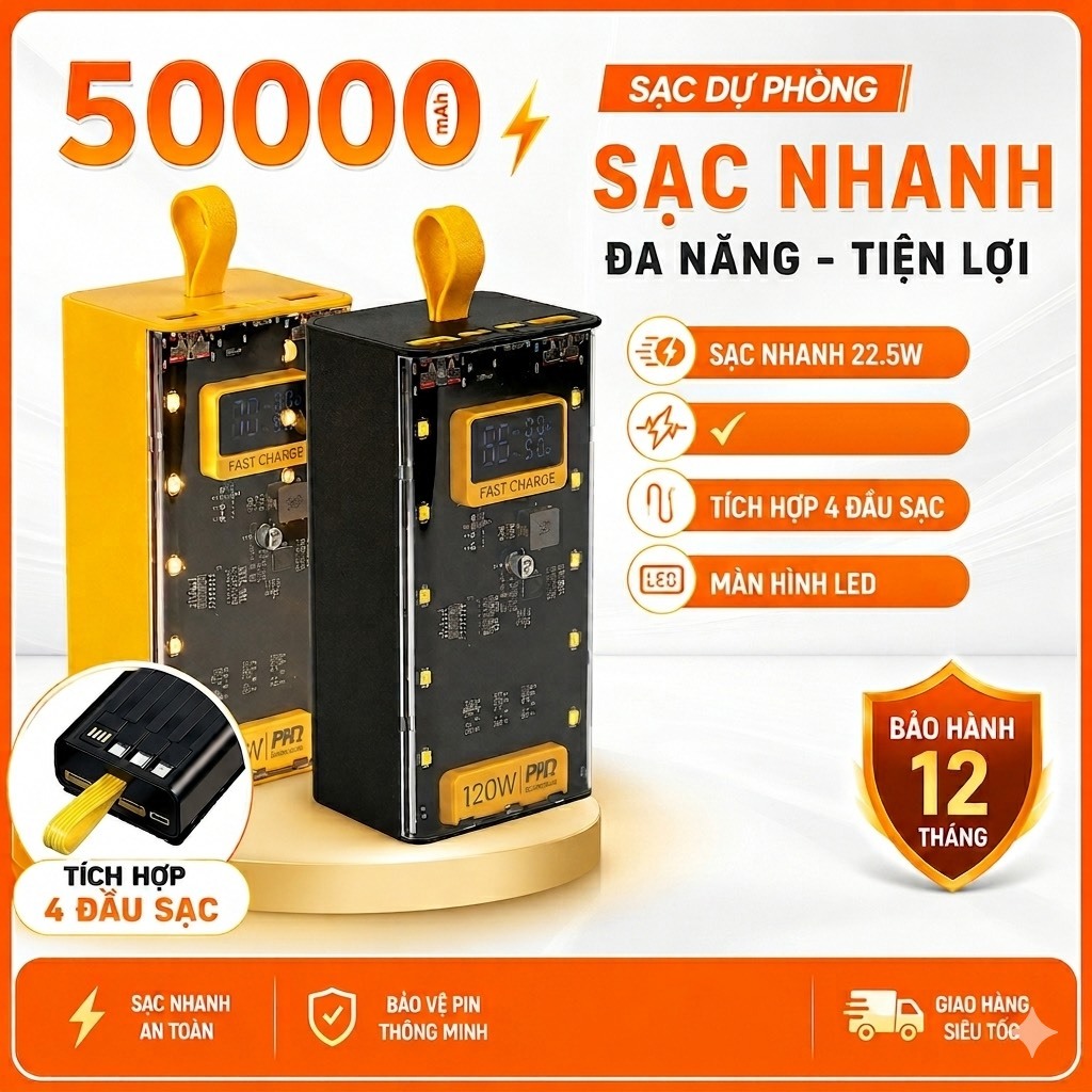 Pin sạc dự phòng 50000mAh Sạc nhanh 22.5W tích hợp dây sạc tiện lợi bảo hành 12 tháng