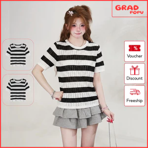 Áo thun nữ GRADPOPU tay ngắn cổ tròn sọc ngang dệt kim lỗ thoáng mát form Slim Fit dễ phối đồ AN318