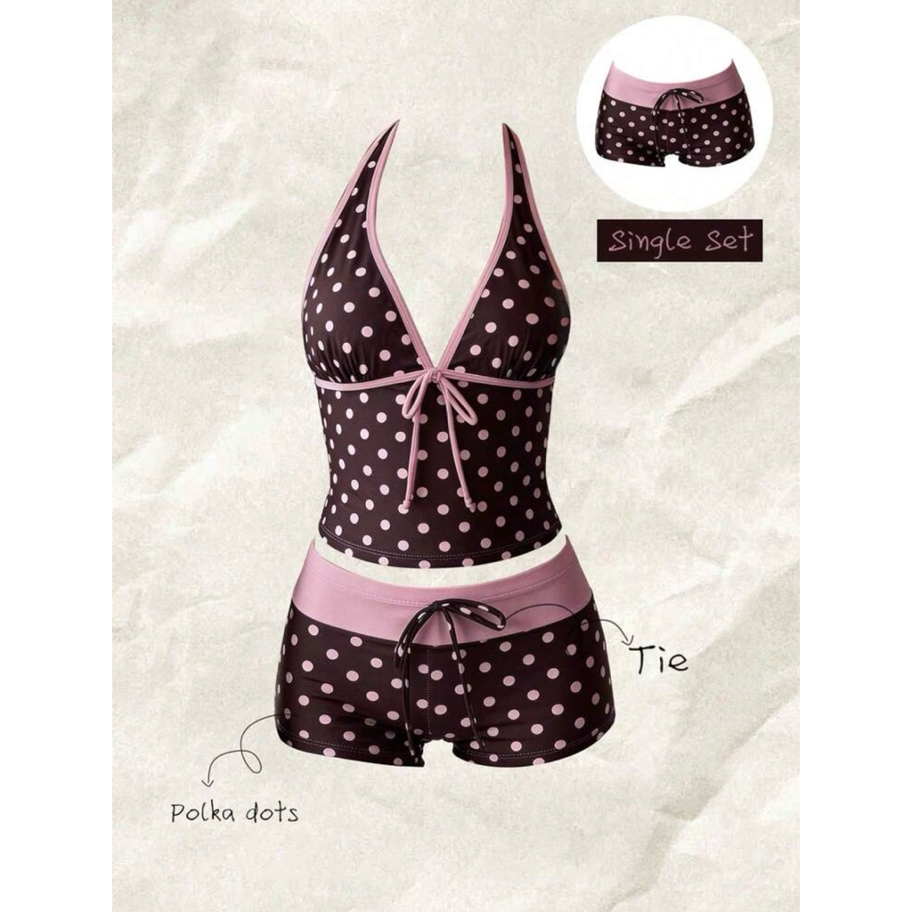 MOONA STUDIO| HOẢ TỐC HN| Set Đồ Bơi Bikini Chấm Bi Áo Cổ Yếm Quần Short.