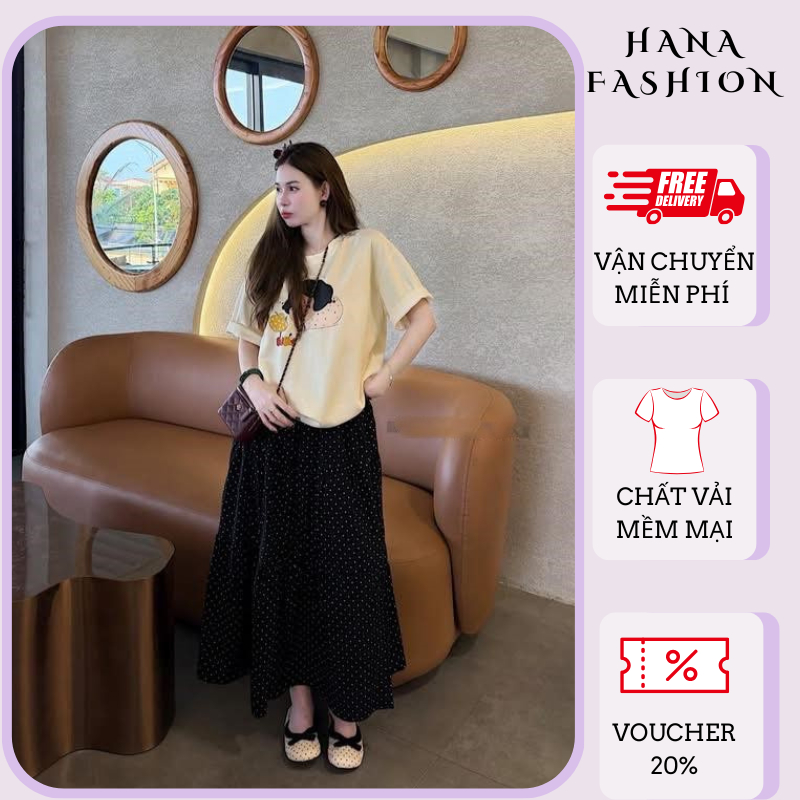 Set bộ nữ áo thun form rộng in hình dễ thương phối chân váy dài chấm bi dáng xòe chữ A năng động HCOM27293